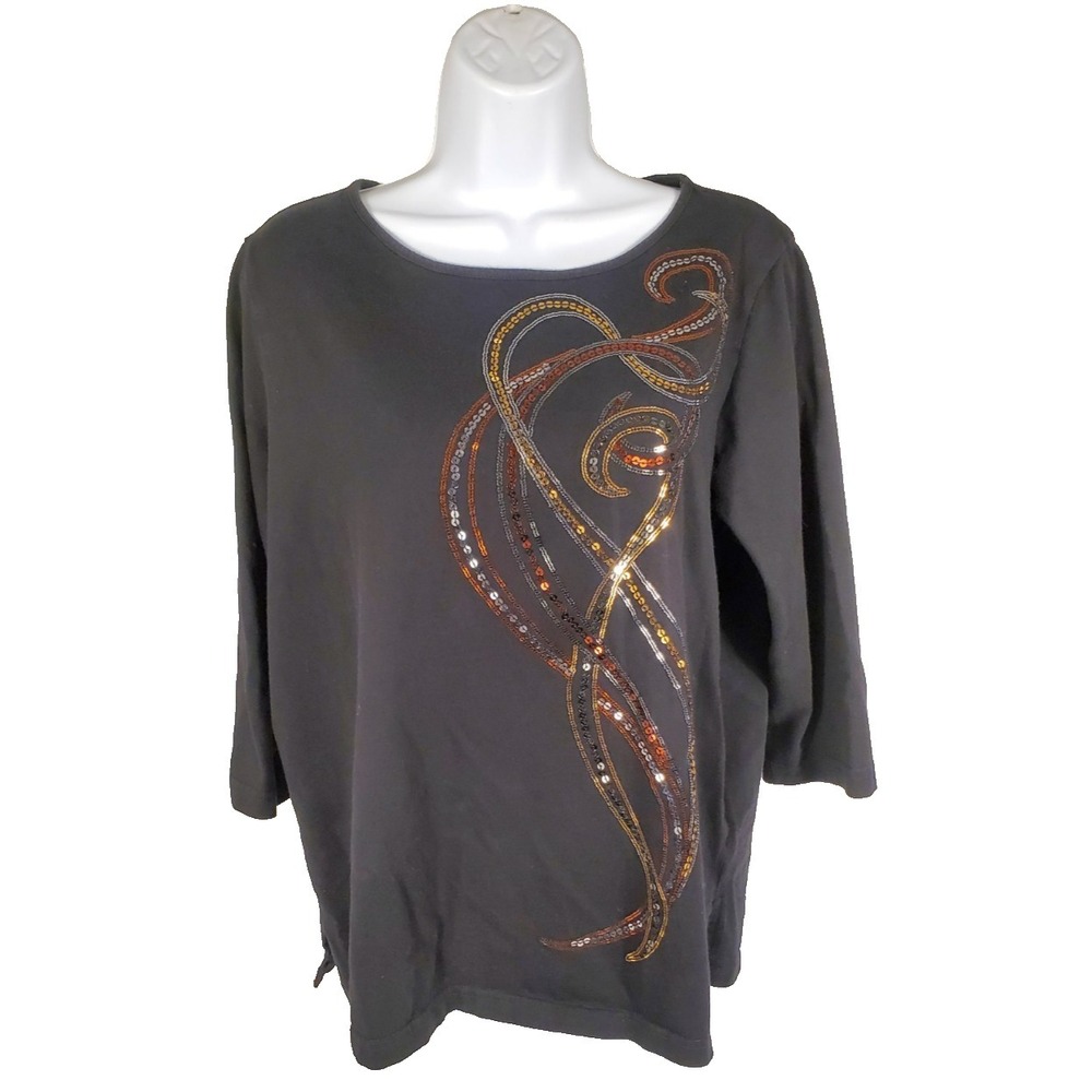 Bob Mackie Wearable Art Womens Large Black Shirt 3/4 Sleeves 100% Cotton